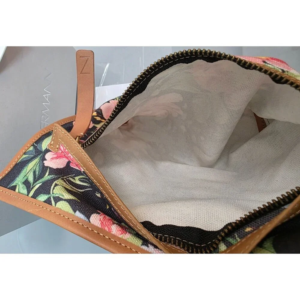 Zimmermann NWT Floral Clutch Leather Cotton Canvas Zip Cosmetics Bag Box 9x11.5